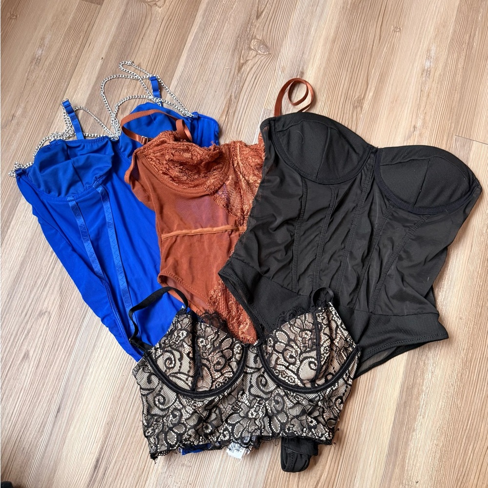 Mixed Lace & Satin Bodysuit & Crop top - Blue, Rust, Black, Champagne